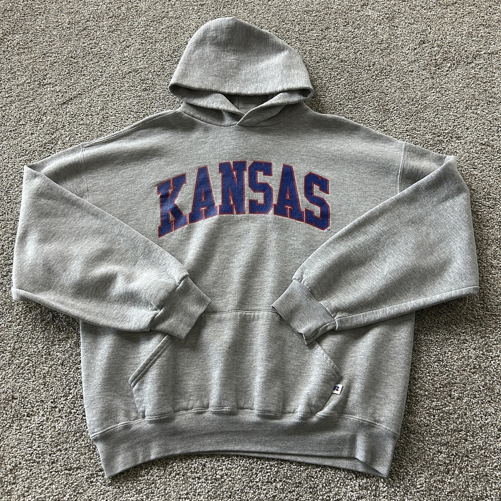 Vintage Kansas Jayhawks Hoodie Sweatshirt Mens XL Gray College Russell Athletic